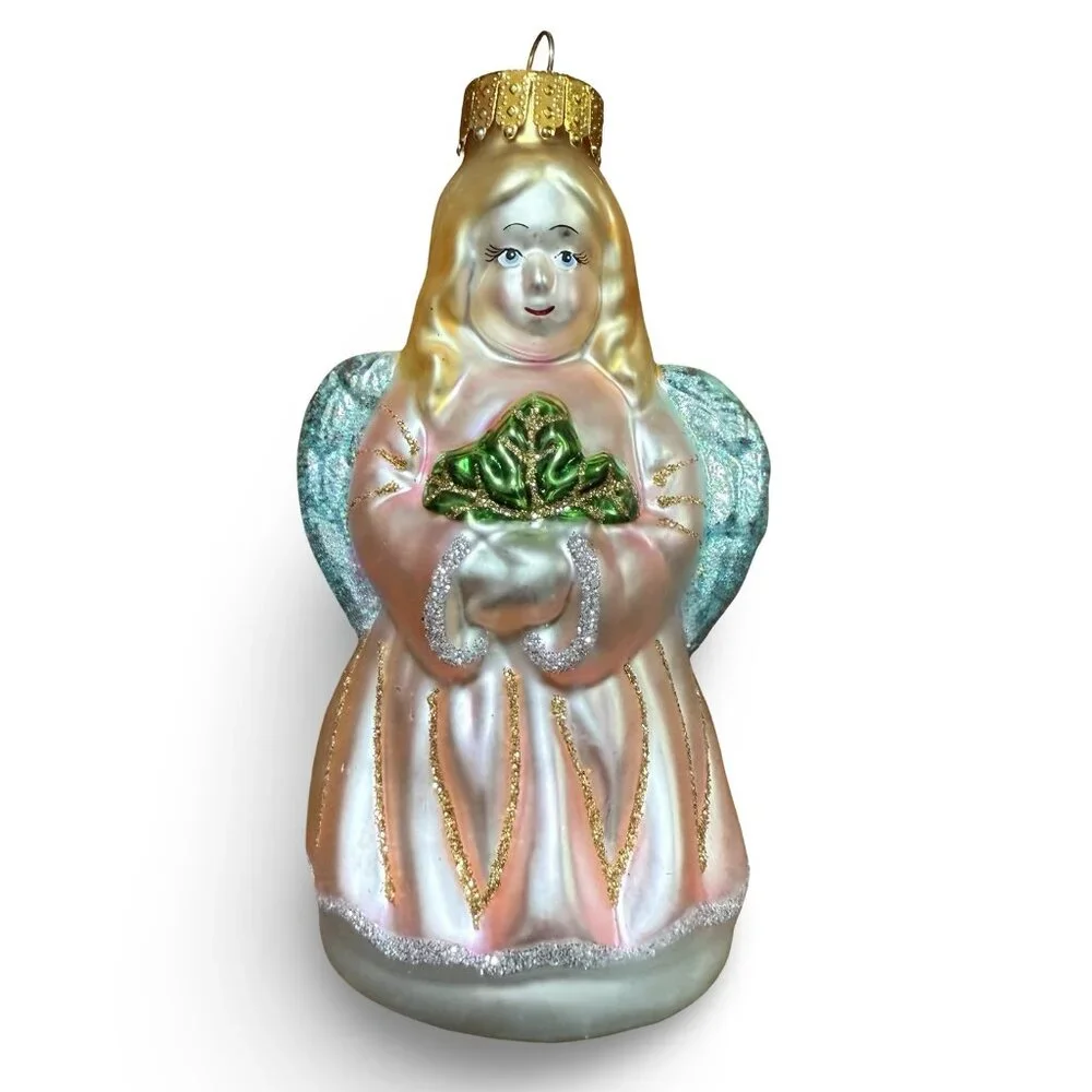 Vintage UT Angel‎ Christmas Ornament Y2K Glass Pink Robe Glitter Hand Painted